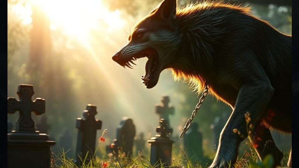 dog attacking in a cemetery